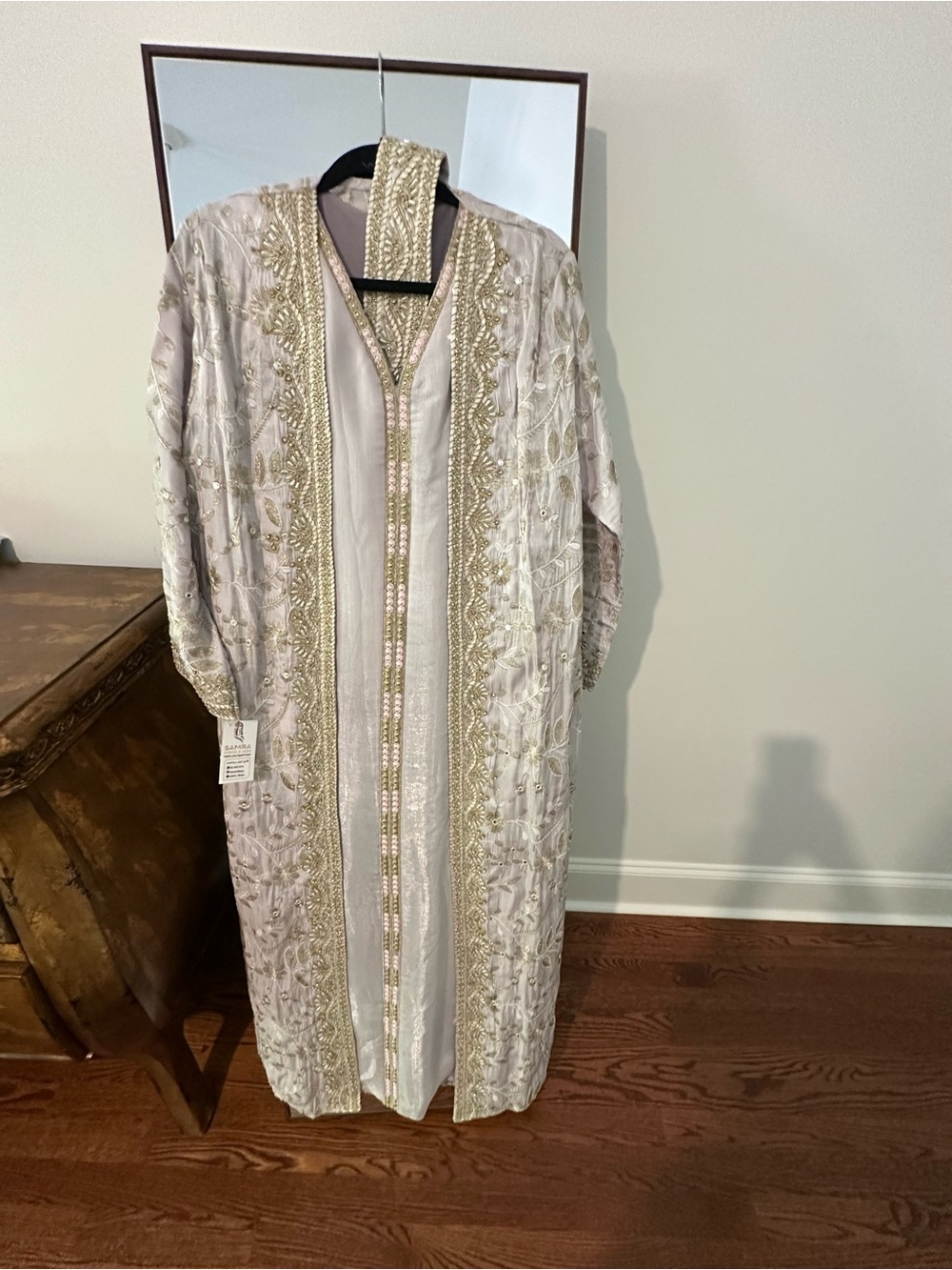 Embellished Long Kaftan Robe in Pale Blush with Gold Trim